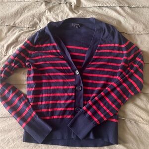 J.Crew Navy blue cardigan with red stripes.